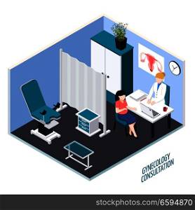 Young woman during gynecology consultation isometric composition with medical equipment and interior elements vector illustration. Gynecology Consultation Isometric Composition