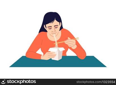 Young woman eating chinese food semi flat RGB color vector illustration. Oriental cuisine restaurant takeout order. Asian lady enjoying noodles isolated cartoon character on white background