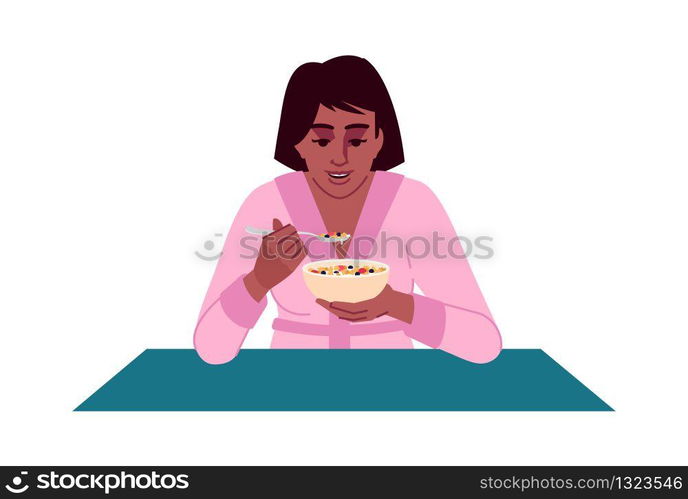 Young woman eating muesli with milk semi flat RGB color vector illustration. Delicious breakfast. Smiling african american lady enjoying oatmeal isolated cartoon character on white background