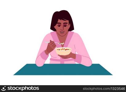 Young woman eating muesli with milk semi flat RGB color vector illustration. Delicious breakfast. Smiling african american lady enjoying oatmeal isolated cartoon character on white background