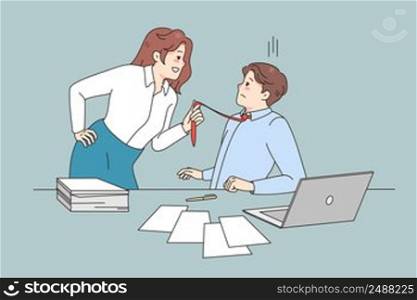 Young woman employee pull male employee tie seduce him at workplace. Female worker show attraction to man coworker. Sexual harassment and abuse in office. Flat vector illustration. . Woman employee seduce colleague at workplace
