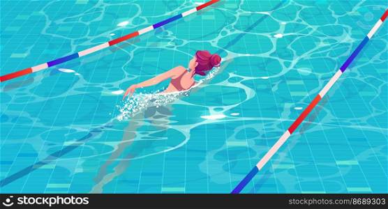 Young woman exercising in pool swimming along lane or path for dip top view with blue ripped water and ceramics floor. Athlete girl fitness and sport training, relaxing, Cartoon vector illustration. Young woman exercising in pool swimming along lane