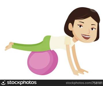Young woman exercising with fitball. Woman training triceps and biceps while doing push ups on fitball. Woman doing exercises on fitball. Vector flat design illustration isolated on white background.. Young woman exercising with fitball.