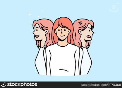 Young woman faces feel different emotions suffer from bipolar disorder. Girl have mood swings, struggle with mental disease. Health problem concept, psychotherapy. Flat vector illustration. . Young woman faces feeling different emotions and moods