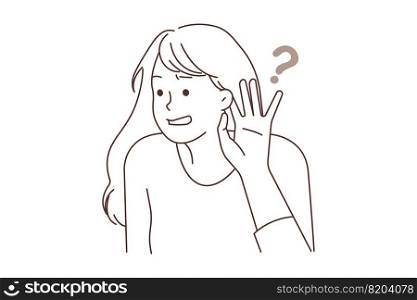 Young woman feel confused listening to hidden or secret information. Frustrated girl make hand gesture hearing to gossip or hearsay. Vector illustration. . Frustrated woman listen to hidden information 