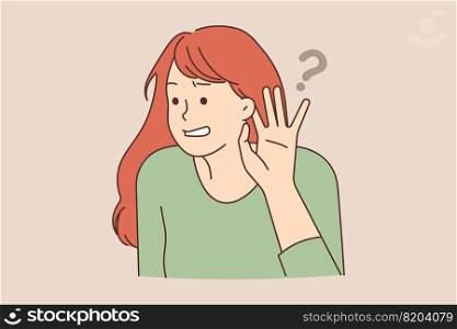 Young woman feel confused listening to hidden or secret information. Frustrated girl make hand gesture hearing to gossip or hearsay. Vector illustration. . Frustrated woman listen to hidden information 