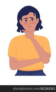 Young woman feeling uncertain about future semi flat color vector character. Editable figure. Half body person on white. Simple cartoon style spot illustration for web graphic design and animation. Young woman feeling uncertain about future semi flat color vector character
