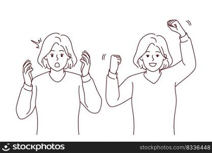Young woman feeling unhappy and happy showing different emotions. Emotional girl feel stressed and excited. Mood swing. Vector illustration. . Woman feeling stressed and excited 