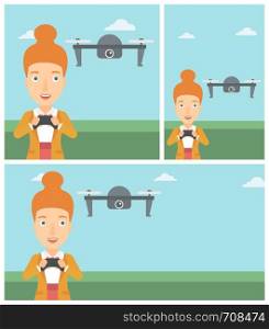 Young woman flying drone with remote control. Happy woman operating a drone with remote control. Woman controling a drone. Vector flat design illustration. Square, horizontal, vertical layouts.. Woman flying drone vector illustration.