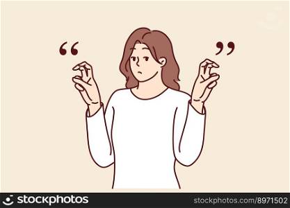 Young woman gesticulates with quotation marks with fingers while saying sarcastic words or hints. Teenager girl raises hands demonstrating quotes before telling sarcastic story or difficult joke . Young woman gesticulates with quotation marks with fingers while saying sarcastic words or hints