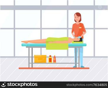 Young woman getting facial massage in spa salon. Professional masseuse and female client lying on table covered with towel. Facial procedures, body care. Vector illustration in flat cartoon style. Woman Gets Facial Massage in Spa Salon Vector