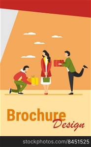 Young woman getting gifts from adorers. Presents, admirers, rivals in love flat vector illustration. Giving gifts, dating, relationship concept for banner, website design or landing web page