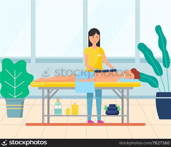 Young woman getting hot stone massage. Girl enjoying traditional body care procedure in spa salon. Professional masseuse and female patient vector. Modern office with big windows. Woman Gets Hot Stone Massage in Spa Salon Vector