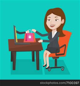 Young woman getting shopping bags from laptop. Woman making online order in virtual shop. Cheerful caucasian woman using laptop for online shopping. Vector flat design illustration. Square layout.. Woman shopping online vector illustration.