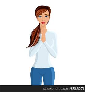 Young woman girl praying put hands together portrait isolated on white background vector illustration