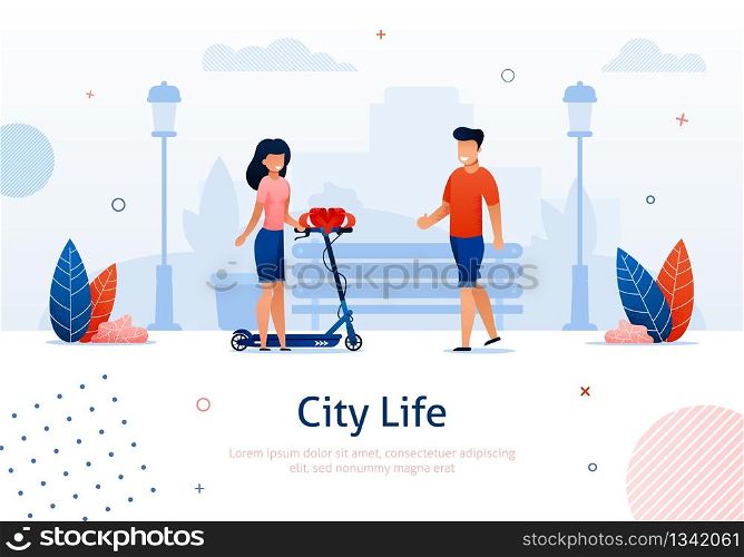 Young Woman Giving Scooter with Bow as Present Banner Vector Illustration. Happy Man Going to Vehicle with Ribbon in Park with Nature. Gift for Boyfriend. Celebrating Holidays. Eco transport. Young Woman Giving Scooter with Bow as Present.