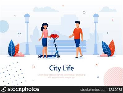 Young Woman Giving Scooter with Bow as Present Banner Vector Illustration. Happy Man Going to Vehicle with Ribbon in Park with Nature. Gift for Boyfriend. Celebrating Holidays. Eco transport. Young Woman Giving Scooter with Bow as Present.