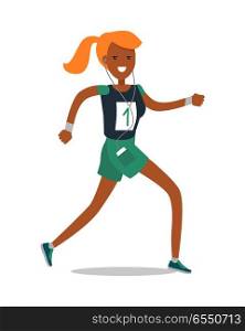 Young woman goes in for sport. Sportive athletic girl runner isolated on white. Athletics sport template. Active way of life concept. Competition, achievements. Cartoon character. Vector illustration. Sportive Athletic Girl Runner Isolated on White.