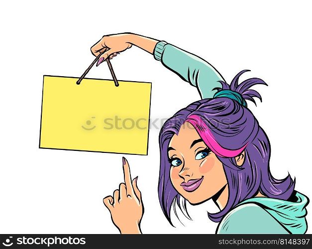 Young woman hangs up a blank template sign. announcement information advertising. Comic cartoon style kitsch vintage hand drawn illustration. Young woman hangs up a blank template sign. announcement information advertising