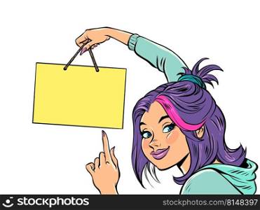 Young woman hangs up a blank template sign. announcement information advertising. Comic cartoon style kitsch vintage hand drawn illustration. Young woman hangs up a blank template sign. announcement information advertising