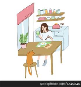 Young woman has a breakfast at home, her cat is on the stool. Daily routine, hand drawn vector illustration cute cartoon style.