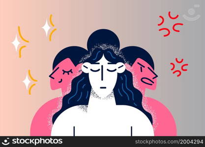 Young woman have different emotions suffer from mood swings have bipolar disorder. Girl struggle with mental illness, need psychological help or counseling. Healthcare. Flat vector illustration. . Woman have mood swings suffer from bipolar disorder