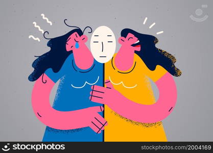 Young woman have different emptions, crying and laughing suffer from mental psychological disease. Girl have mood swings struggle with bipolar disorder. Psychiatry concept. Flat vector illustration. . Woman have different emotions suffer from mood swings