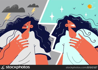 Young woman having different emotions suffer from bipolar disorder. Girl feeling happy and depressed struggle with mood swings and mental problems. Vector illustration.. Woman have different emotions suffer from bipolar disorder