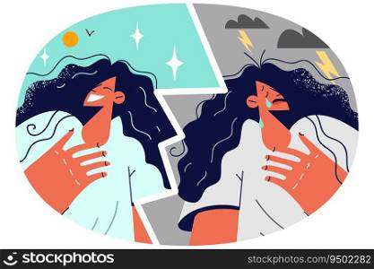 Young woman having different emotions suffer from bipolar disorder. Girl feeling happy and depressed struggle with mood swings and mental problems. Vector illustration.. Woman have different emotions suffer from bipolar disorder