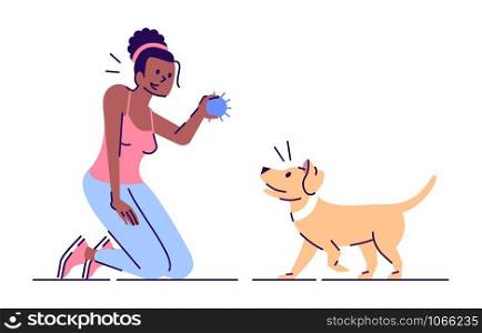 Young woman having fun with puppy flat vector illustration. Stress management. Active leisure. Girl with dog playing with ball isolated cartoon characters with outline elements on white background
