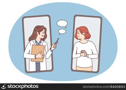 Young woman having online consultation on phone with doctor. Female patient talk with therapist on cellphone video call. Remote healthcare and medicine. Vector illustration.. Woman having online consultation with doctor
