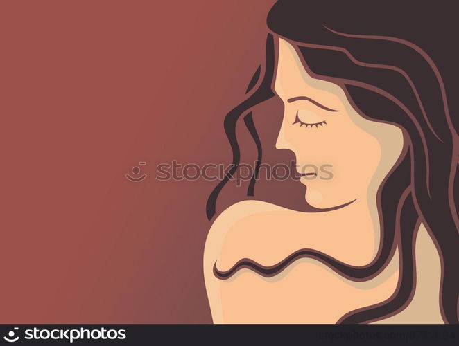 Young woman head with long hair on dark red background