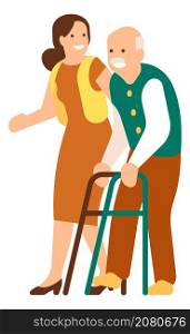 Young woman helping old man with walking aid. Volunteer supporting senior. Vector illustration. Young woman helping old man with walking aid. Volunteer supporting senior