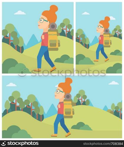 Young woman hiking in mountains. Female traveler with backpack mountaineering. Hiking woman with backpack walking outdoor. Vector flat design illustration. Square, horizontal, vertical layouts.. Woman with backpack hiking vector illustration.