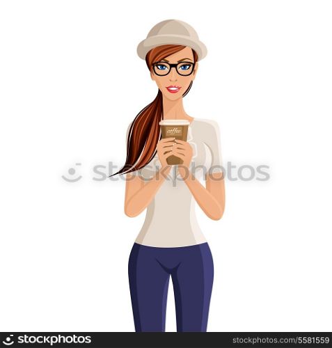 Young woman hipster girl holding coffee cup portrait isolated on white background vector illustration