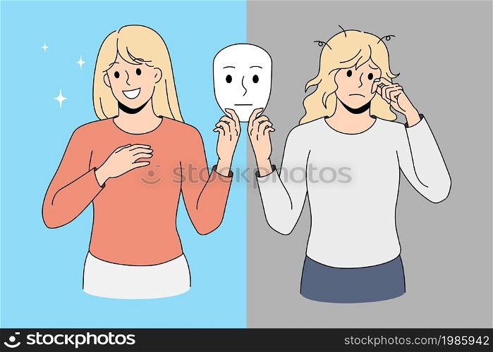 Young woman hold mask show different emotions suffer from bipolar disorder. Unhappy and smiling girl struggle with mental illness. Psychology, health problem concept. Vector illustration. . Young woman with different emotions suffer from bipolar disorder