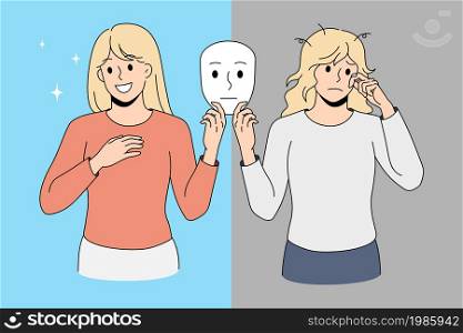 Young woman hold mask show different emotions suffer from bipolar disorder. Unhappy and smiling girl struggle with mental illness. Psychology, health problem concept. Vector illustration. . Young woman with different emotions suffer from bipolar disorder