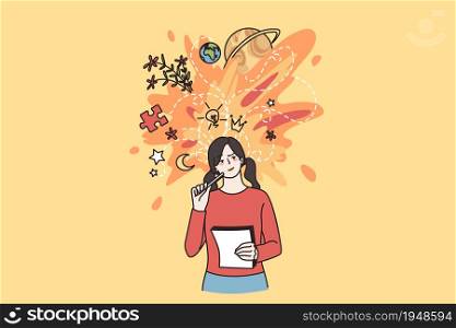 Young woman hold paper think or visualize ideas, brainstorm contemplating. Millennial girl student write in notebook, engaged in creative thinking. Inspiration, visualization. Vector illustration.. Millennial girl student engaged in creative thinking