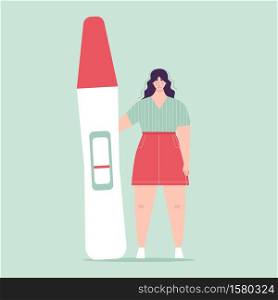 Young woman holding a big pregnancy test. Negative result, one line. Concept of planning pregnancy, difficulties in conception, fertilization. Sad character. Flat vector illustration