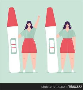 Young woman holding a big pregnancy test. Positive and negative result. Pregnancy planning concept, difficulties of conception, fertilization. Sad and happy character. Flat vector illustration