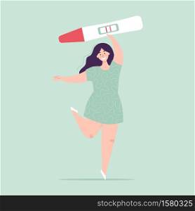 Young woman holding a big pregnancy test. Positive result, two stripes. Pregnancy planning concept, difficulties of conception, fertilization. Happy character. Flat vector illustration