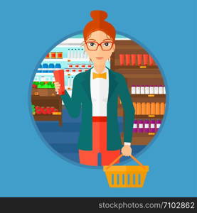 Young woman holding a shopping basket in one hand and a tube of cream in another. Customer shopping at supermarket with basket. Vector flat design illustration in the circle isolated on background.. Customer with shopping basket and tube of cream.