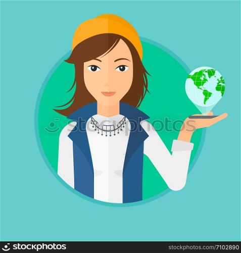 Young woman holding a smartphone with a model of planet earth above the device. International technology communication concept. Vector flat design illustration in the circle isolated on background.. International technology communication.