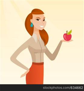 Young woman holding an apple in hand. Cheerful woman eating an apple. Caucasian woman enjoying a fresh healthy red apple. Concept of healthy nutrition. Vector flat design illustration. Square layout.. Young woman holding an apple vector illustration.
