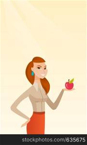 Young woman holding an apple in hand. Cheerful woman eating an apple. Caucasian woman enjoying a fresh healthy red apple. Concept of healthy nutrition. Vector flat design illustration. Vertical layout. Young woman holding apple vector illustration.