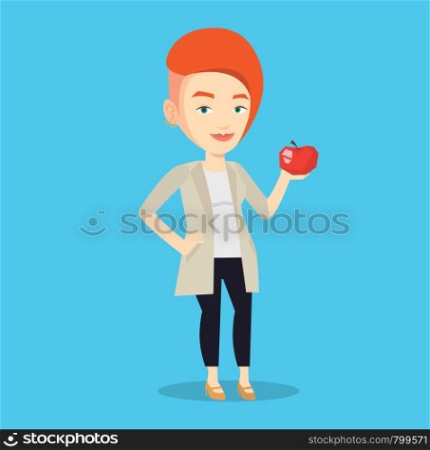 Young woman holding an apple in hand. Cheerful woman eating an apple. Caucasian woman enjoying fresh healthy red apple. Concept of healthy nutrition. Vector flat design illustration. Square layout.. Young woman holding apple vector illustration.