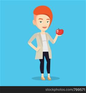 Young woman holding an apple in hand. Cheerful woman eating an apple. Caucasian woman enjoying fresh healthy red apple. Concept of healthy nutrition. Vector flat design illustration. Square layout.. Young woman holding apple vector illustration.