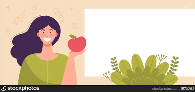 Young woman holding apple in hand. Diet food, healthy lifestyle, vegetarian food, raw food diet. Student snack.Template,space for text,banner for web site. Flat cartoon vector illustration.