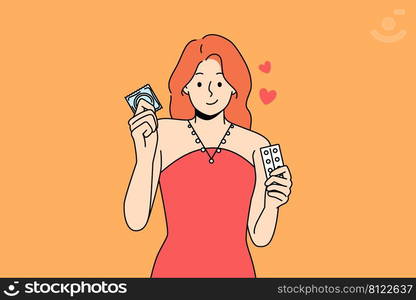 Young woman holding condom and birth control pills use different means of protection for sex. Smiling girl with contraception methods for unplanned pregnancy prevention. Vector illustration. . Woman holding contraception methods for pregnancy prevention 