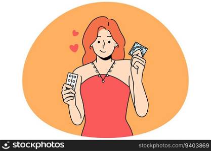Young woman holding condom and birth control pills use different means of protection for sex. Smiling girl with contraception methods for unplanned pregnancy prevention. Vector illustration.. Woman holding contraception methods for pregnancy prevention